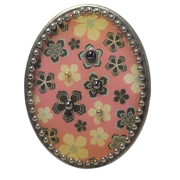Pink Floral Enamel Belt Buckle 3.5" Oval • Beaded Edge • Silver-Tone - Picture 7 of 9